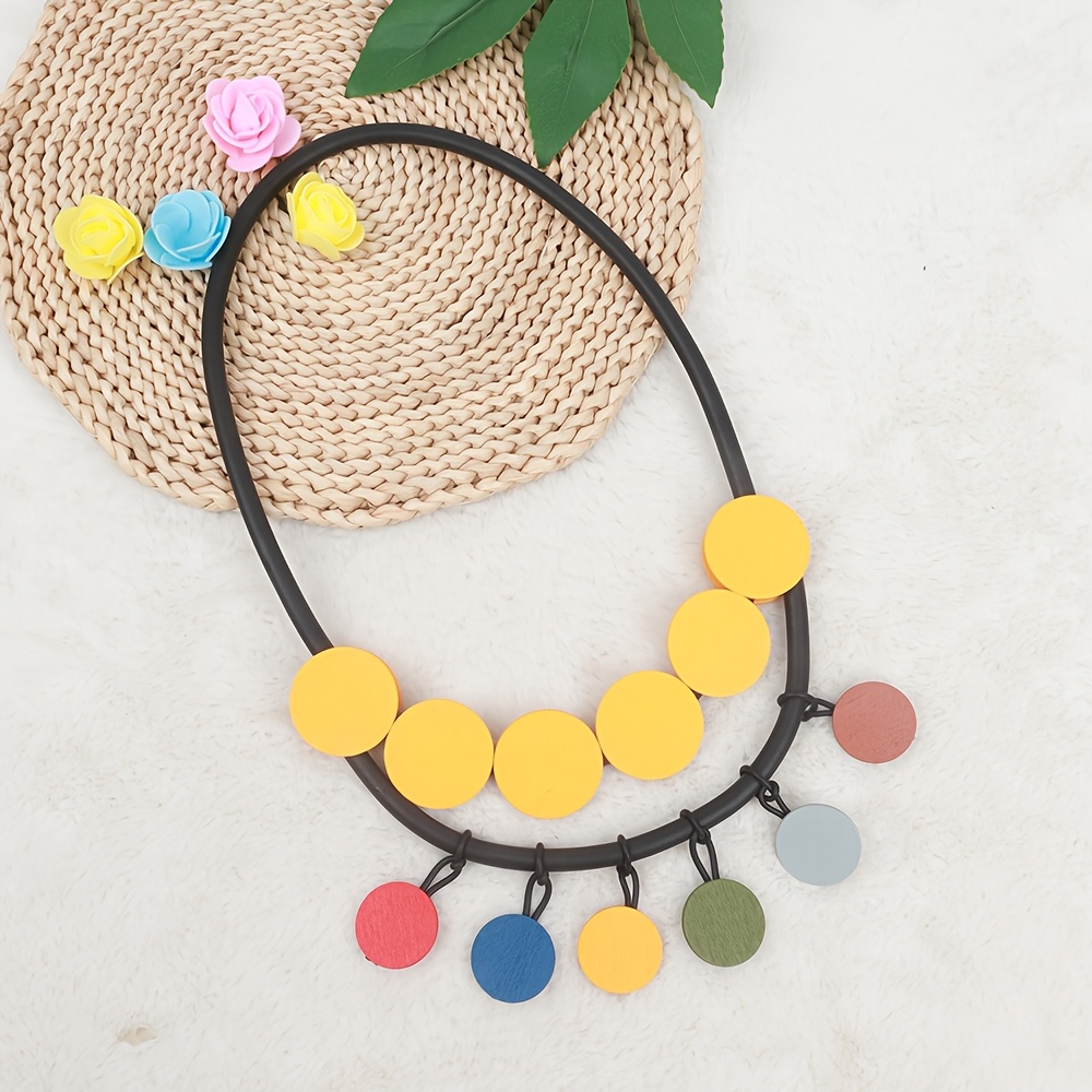 Bohemian Style Color-Block Round Patch Necklace, Trendy Accessory
